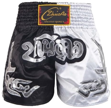 Xnihocha Kinder Muay Thai Boxen Short Hose Jungen Boxhosen Kickboxen MMA Kampfsport Boxhosen Fitnessstudio Training Schwarz-Weiss 146-152
