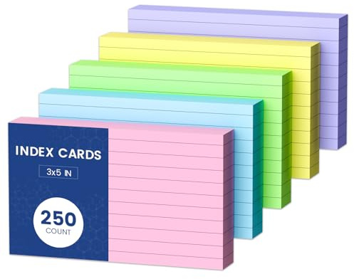 Colored Index Cards 3x5, 250 Count Colored NoteCards 3x5, 5 Colors Flash Cards for Studying, 50 Sheets Per Color Lined Index Cards Ruled, Notecards 3 x 5 Lined for Office, School, and Home Supplies