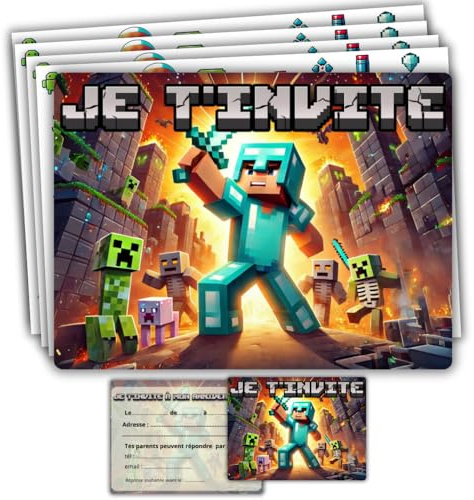 roxisha - Lot de 10 Cartes Invitation Anniversaire Thème Minecraft + Enveloppes - Garçon et Ado - Carte Postale 10,4 x 14,8 cm - Préremplies en Français - Idéal pour Fête et Goûter d'Anniversaire