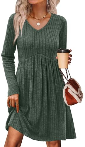 OFEEFAN Fall Dresses 2025 V Neck Sweater Dress Maternity Babydoll Dress Long Sleeve Casual Homecoming Dresses Work Clothes Cowboy Chic Christmas Green Winter L