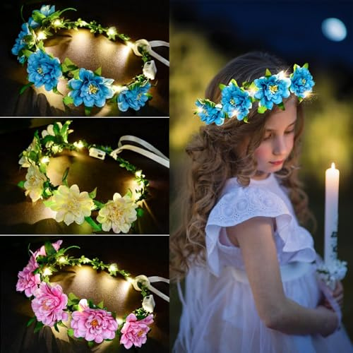 Herbst Guirnalda de flores LED, 3 unidades, corona de flores, para mujeres y niñas, tocado boho, guirnalda luminosa para festivales, cumpleaños, Navidad, bodas, fiestas (C)