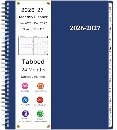 2026-2027 Monthly Planner, 2 Year Calendar Planner, Jan 2026 - Dec 2027, 8.5’’ x 11’’, Large Spiral Agenda, 24 Months, with Tabs ＆Pocket, Flexible Cover, Organizer for Office Home School, Blue