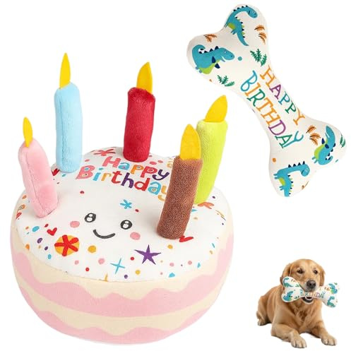 QhgPnt Dog Birthday Toy Set, Birthday Dog Toy with Pink Pet Birthday Cake Plush and Blue Bone Plush, Fun Gift for Dogs, Dogs Birthday Present, Dog Cake Birthday