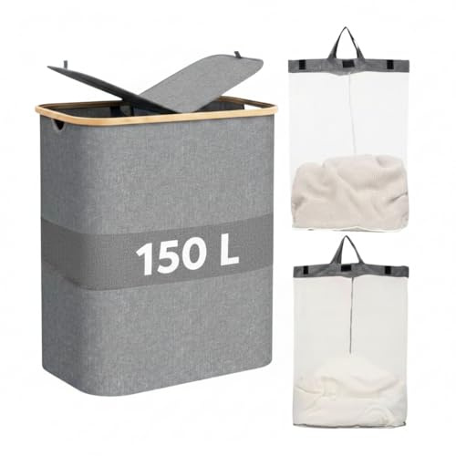 Cesto Porta Biancheria 150 L con Coperchio e 2 Scomparti, Grande Cesto per Bucato Pieghevole con Sacco Interno Rimovibile e Maniglie, Ideale per Bagno, Camera e Lavanderia