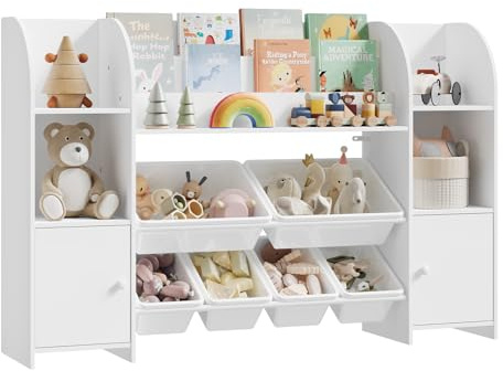 WOLTU Librería Infantil con Cajas Pláscticas de Almacenaje, Estantería Organizador con Compartimentos Abiertos para Libros y 2 Armarios con Puertas, para Habitación de Niño, 135,8x29,8x90 cm, Blanco