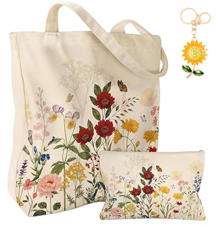 ZXTGBQ Lot De 3 Sacs Fourre-Tout en Toile à Motifs Floraux, Grand Sac Fourre-Tout et Trousse de Maquillage Assortie, Porte-CléS Tournesol, RéUtilisables pour Les Courses, Le Travail Et Les Voyages