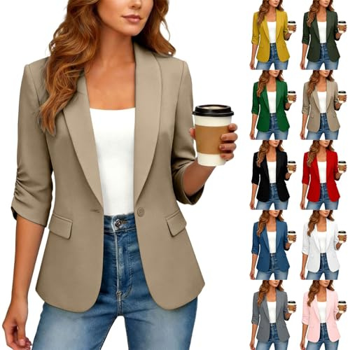 Blazer midja dam 3/4 arm, kort kavaj dam elegant, blazer jacka sportig kavaj business jacka överdimensionerad kavaj med krage kavajjackor casual damblazer med fickor arbete kontor, Svartgrön, S
