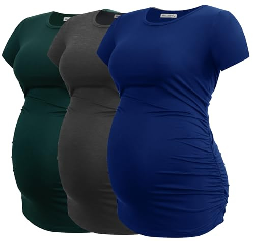 Smallshow Camiseta de Maternidad para Mujer, con Fruncido Lateral, para Embarazo, Verde Profundo/Gris Profundo/Azul Marino., S