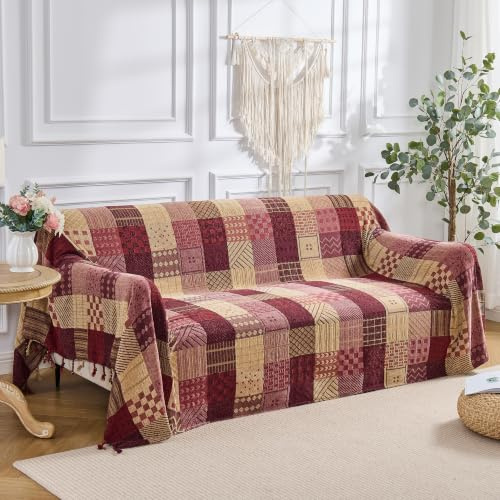 DECMAY 100% Chenille Throw Blanket for Sofa Bed, Jacquard Tassels Red Grid Boho Blankets for Couch Settee, Large Soft Warm Throws for 2 3 Seater, 220 x 260 cm