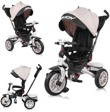 Lorelli Dreirad Speedy ab 1 Jahr mit Schubstange, Tricycle 360 drehbar, 3-Punkt-Sicherheitsgurt, Verstellbarer Elterngriff, Freilaufrad Funktion, Luftreifen, Spielzeugkorb, beige