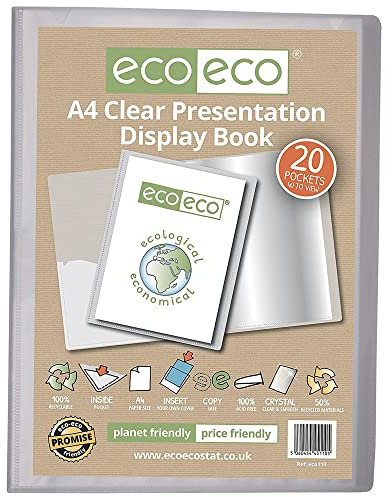 eco-eco eco110 Präsentationsbuch, A4, 50% recycelt, 20 Fächer, durchsichtig, Aufbewahrungsbox, Portfolio-Kunstmappe mit Kunststoffhüllen, transparent