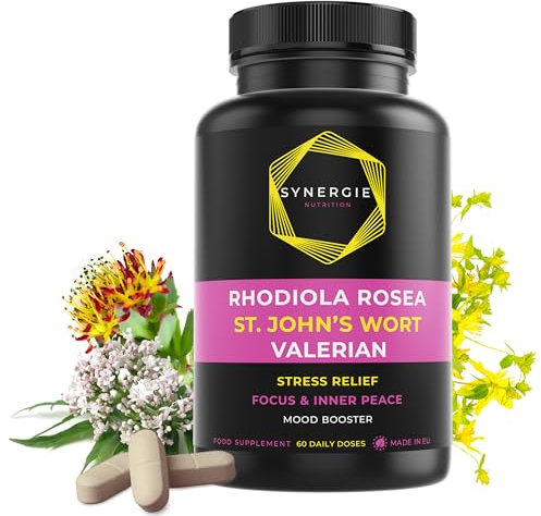 Johanniskraut Hochdosiert Rhodiola Rosea Baldrian - 10:1 Extrakte | 60 Tagesdosen | Natürlicher Stimmungsaufheller | Synergie Nutritition
