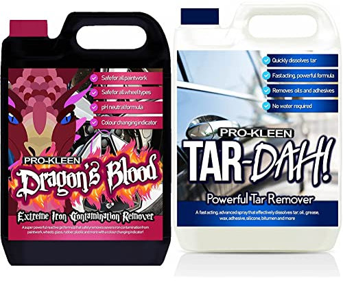 Pro-Kleen 5DB Dragon's Blood Iron Contamination Fallout Remover, pH Neutral, Fast Acting Alloy Rim Cleaner, Safe on All Wheels, Paintwork, Glass and More & Tar-Dah! Tar Remover (5L)