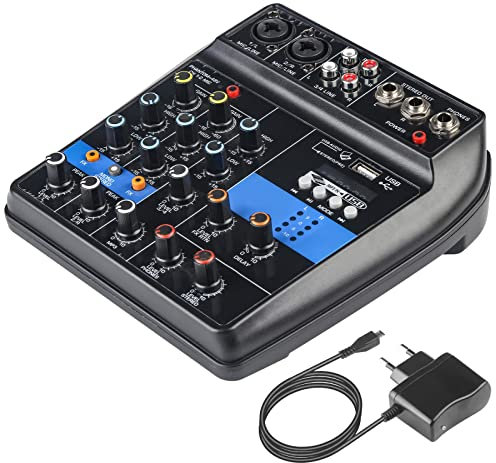 Mini Mezclador de Audio 4 Kanal Tablero de Mezcla de Sonido USB Bluetooth MP3 Entrada de Mezclador de Sonido de Audio 48V Stereo DJ Studio Streaming Media FX Reverb Delay Processor