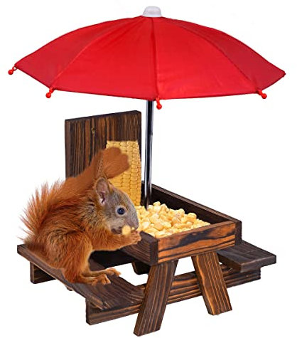 JETAINE Squirrel Feeder Picnic Table with Umbrella and Corn Cob Holder, New Premium Gift for Squirrel and Chipmunk Lover, Outdoor Garden Ornament for Bird Squirrel Wildlife Animal Bench Feeder Station