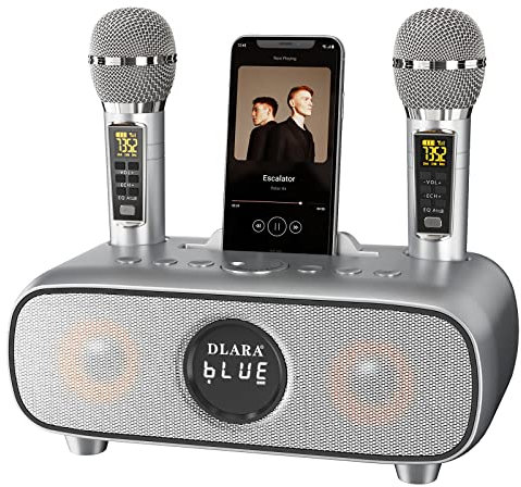 Machine Karaoké pour Adultes et Enfants, Microphone Karaoké sans Fil Bluetooth 2 UHF avec Support/USB/TF Card/AUX-in, système de Haut-parleurs pour l'intérieur -Gris