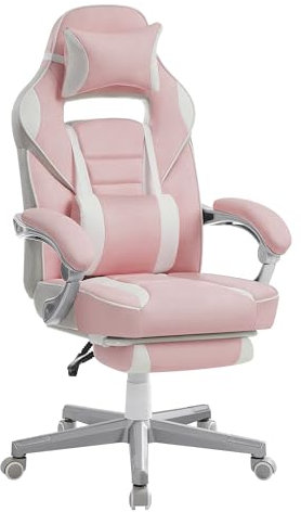 SONGMICS Bürostuhl, Schreibtischstuhl, ausziehbare Fußstütze, Kopfkissen, Lendenkissen, höhenverstellbar, ergonomisch, neigbare Rückenlehne, bis 150 kg belastbar, pastellrosa-cremeweiß OBG073P01