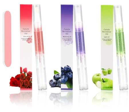 Cuticle Oil Pen,3PCS Nutrition Oil Pen with Nail File,Cuticle Oil for Nails with Natural Ingredients,Nail Oil Cuticle for Repairing Cracked and Dry Nail(Blueberry & Rose & Apple Flavor)