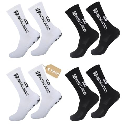 Nnicorns 4 Pairs FS Calzettoni Calcio Uomo, Grip Calze Antiscivolo Uomo, 39-46 Traspiranti Calzini Antiscivolo Calcio da Basket, Running, Ciclismo e Tennis Calcio Accessori(2Bianco+2Nero)