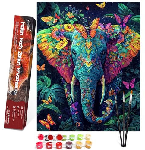 Bougimal Pintura por Números Adultos Animal con Pinceles y Pinturas Acrílicas - 40 x 50 cm, Sin marco, Elefante