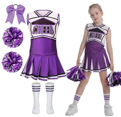 maxToonrain Girls Cheerleader Costume 5 PCS Classic Style Kids Cheerleader Outfit with Pull Ring Pom Poms, Top, Skirt, Socks and Headband for 2026 World Book Day Halloween School Events