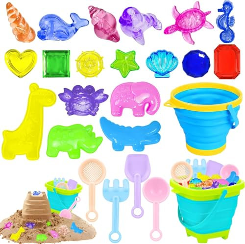 24PCS Bucket Beach Toys Set, Sand Toys with 2 Collapsible Bucket, 4 Shovel Tool Kits,14 Ocean Theme Beach &Pool Toys, Sand and Water Outdoor Fun Tools for Boys Girls-A