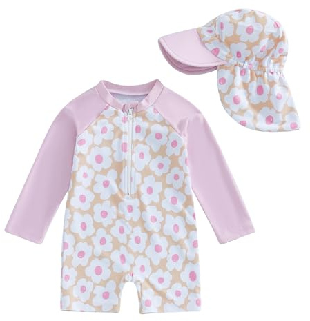 Geagodelia Toddler Baby Girl Swimsuit and Hat Zip Up Long Sleeve All in One Swimming Costume UV Sun Protection Swimwear One Piece Swimming Suit Rash Guard Sunsuit (White Floral Light Rose, 3-4 Years)