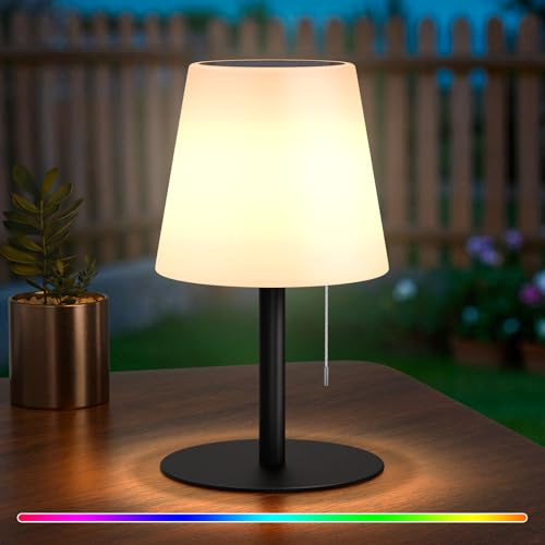 uuffoo Lampada da Tavolo Solare Esterna Ricarica Solare 2-in-1 e USB, Regolabile RGB 7 Colori, Lampada Senza Fili IP44 Ricaricabile, Luce Solare per Terrazzo, Campeggio, Giardino (Nero)