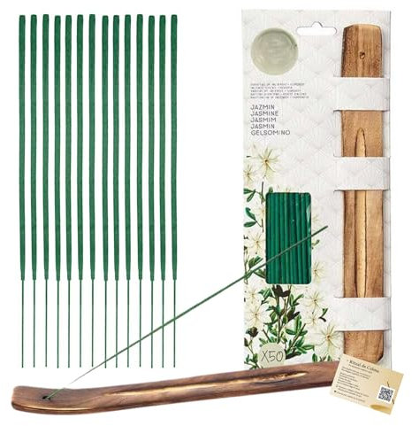 CYNENYC Incienso Natural Jazmín, 50 Varillas Premium Aromaticas Relajantes, Quemador Artesanal de Madera Incluido, Hecho a Mano, Larga Duración, Meditación, Aromaterapia y Limpieza Energética.