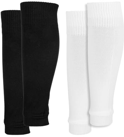 Grevosea 2 Pairs Shin Guard Sleeves, Pre Cut Soccer Sleeve Socks Football Basketball Leg Sleeves for Men Women Youth Adults (Black, White)