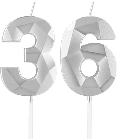 mciskin Silver 36th Birthday Candles, 36th Birthday Decorations for Women Men,3D Number 36 Candles for Cake,Silver Candle Cake Topper Decorations for Birthday Party Weddings Anniversary Supplies