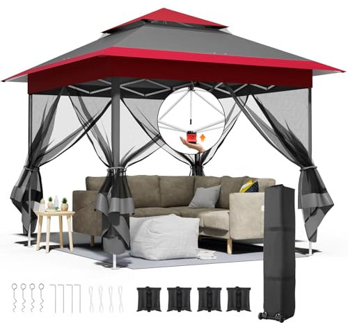 Carpa Plegable 3,3 x 3,3 m con 4 Paneles Laterales de mosquitera, One Push Carpas para Exteriores, Cenador Pabellón de Jardín con 4 PCS Sacos de Arena, Camping/Mercado/Fiestas/Playa, Rojo Gris
