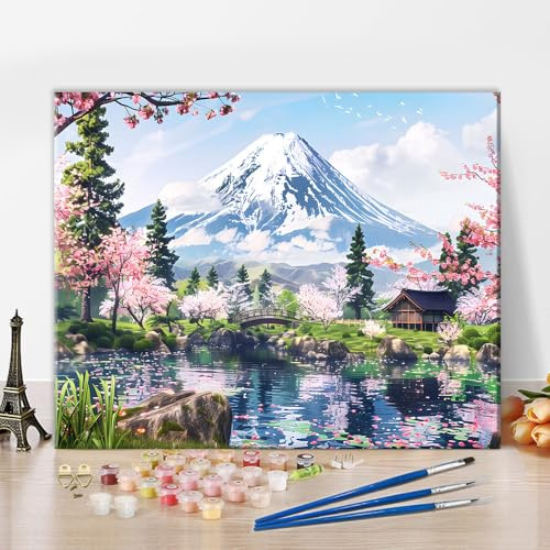 TISHIRON enkel målning med siffror set för vuxna Chureito Pagode DIY Fuji berg måla efter siffror för nybörjare akvarellset för duk och målarset för heminredning 40 x 50 cm utan ram
