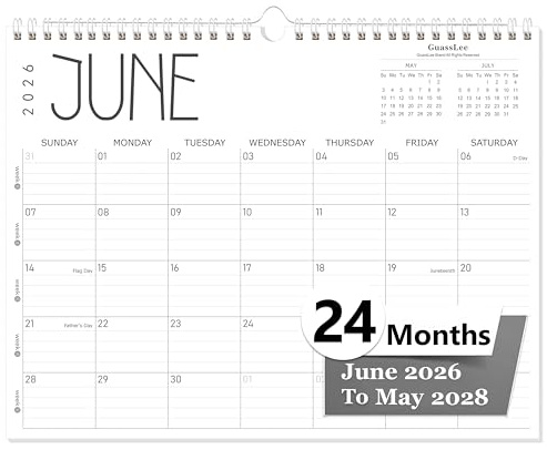 GuassLee Wall Calendar 2026-2028, 24-Month Academic Calendar Runs from June 2026 until May 2028,14 X 11 Hanging Monthly Planner with Thick Paper, Ruled Blocks for Home School Office Organizing