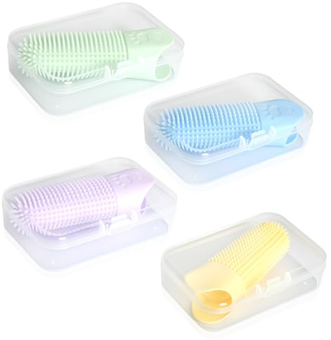 4 Pièces Brosse a Dent Chien Chat Silicone Doigt 360º avec des picots Réutilisable Avec Boîte Entièrement Enveloppés Soins Dentaires et Respiration Fraîche Bleu Vert Jaune Violet