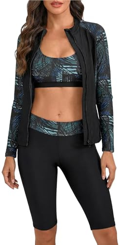 Ausing Maillot de Bain Femme 3 Pièces Anti-UV Ensemble Ensembles Rashguard Manches Longues + Short +Tankini S-2xl
