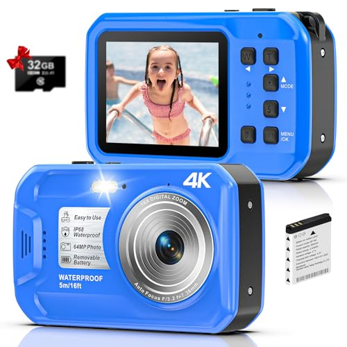 Fotocamera subacquea 4K fotocamera digitale impermeabile con autofocus da 64MP con scheda da 32 GB, fotocamera subacquea IP68 e 16FT con schermi IPS HD, zoom digitale 16X galleggiante, luce brillante