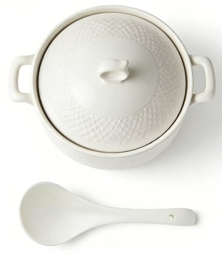Soppterrin tillverkad av keramik med lock, serveringstråd med stor kapacitet och dubbla handtag för köket, porslin, mikrovågsugnssäker (2 400 ml)