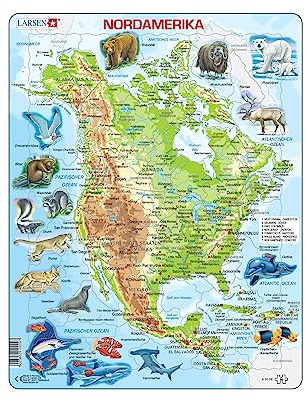 Larsen Puzzles A32-DE, Kinder Rahmenpuzzle Physische Karte Nordamerika mit Tieren, 66 Teile, ab 8 Jahre, Lernspielzeug Geografie, Konzentration & Spielspaß