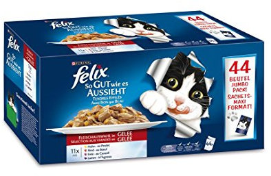 Felix So gut wie es aussieht, Jumbopack Katzennassfutter, Geschmacksvielfalt vom Land in Gelee mit Huhn, Rind, Ente & Lamm, Jumbo-Pack (44 x 100 g)