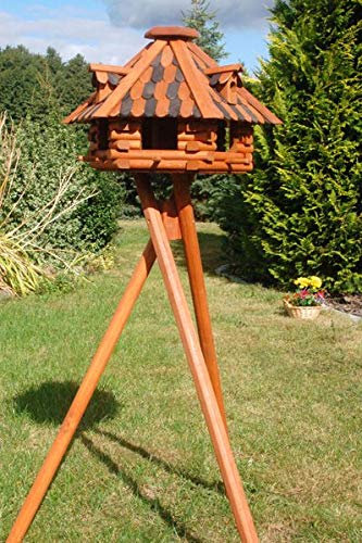 Deko-Shop-Hannusch Futterhaus/Vogelhaus mit Holzschindeln und Gauben Verschiedene Dachfarben mit Solarbeleuchtung und Vogelhausständer, V13, Farbe:braun-braun mit Solar und Ständer