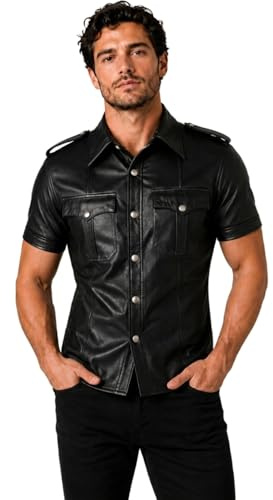 Mens Real Leather Police Officer Uniform Style Shirt, Short Sleeve Leather Shirt, Bluff Gay Military Shirt