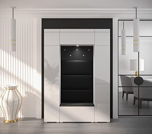 Furnitech GF85 Flur Dielenmöbel Garderobenschrank Dielenschrank Schuhschrank Flurmöbel Set Hochglanz (LED weiß, GF85-21W-HG2)