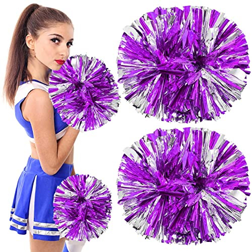 Colexy Pompones de Animadora, 2 Piezas Cheer Leader Poms Animadora Poms, Cheerleading Pom Poms Metallic Cheers Bola de Flores con Mango, para Competición Deportiva (Púrpura+Plata)