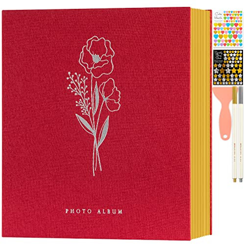 Lanpn Fotoalbum Selbstklebend Einkleben Scrapbook, Leinen Groß Weiße Seiten Fotobuch zum Selbstgestalten mit Metallischer Stift 10x15 13x18 A4 A5 Bilder (Große,20 Blatt/40 Seiten,Rot)