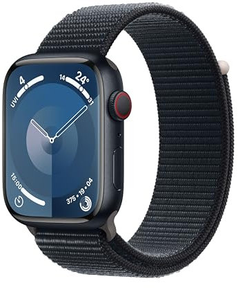 Apple Watch Series 9 (GPS + Cellular, 45 mm) Smartwatch mit Aluminiumgehäuse und Sport Loop Armband in Mitternacht. Fitnesstracker, Blutsauerstoff und EKG Apps, Always-On Retina Display, CO₂ neutral