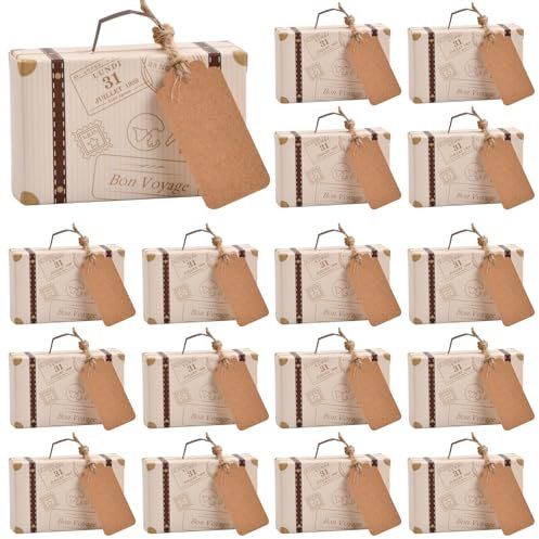 Tibapla 50 Stück Mini Koffer Gastgeschenke Hochzeitsbox, 8 × 5 × 3 cm Vintage Kraftpapier Geschenkbox mit Tags und Sackleinen Schnur für Hochzeit Geburtstag Party Taufe Babyparty Baby Shower