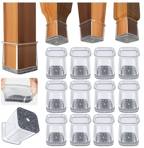 32 Stück Stuhlbeinkappen Eckig, Silikon Schutzkappen für Stuhlbeine mit Filz, Filzgleiter, klare Stuhlbeinschoner, Bodenschutz (Fit 20-25 mm)