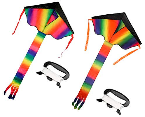 2 Stück Großer Kinder-Drachen, Regenbogen Einleiner Flugdrachen für Kinder ab 3 Jahren, Bunt Delta Drachen für Parks und Stränden Camping und Familienaktivitäten, 108*65cm, Mit 140cm Streifenschwänze
