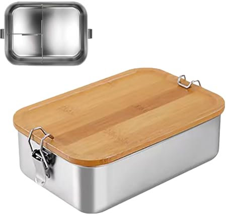 Bento Lunchbox für Erwachsene/Kinder, Edelstahl Brotdose, Brotzeitdose mit 2 Fächern/3 Fächern, Metalldose mit Holzdeckel, BPA-frei Metall Brotbox, Frühstücksbox für Schule/Ausflüge (1200ML,3 Fächern)